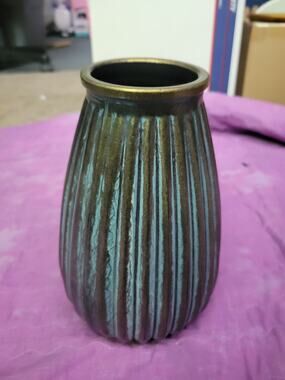 Italian Art Pottery Ribbed Vase Teal Blue & Gold Glaze 8” Marked Studio Pottery